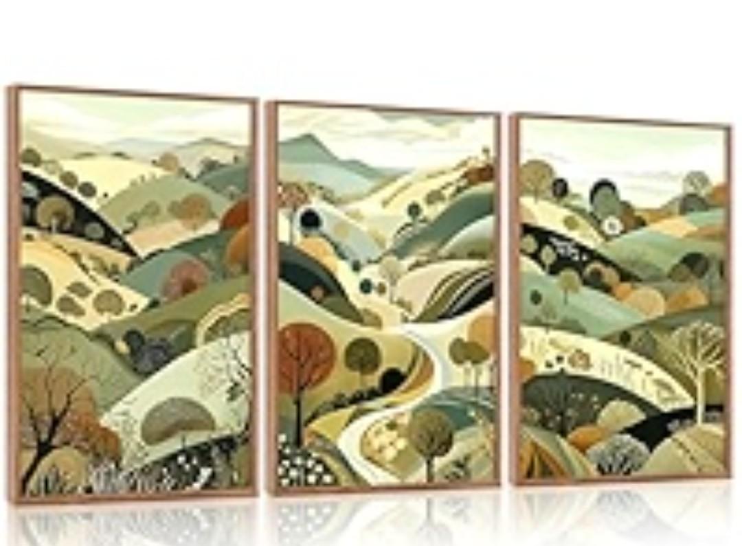 Aurlan Abstract Mountain Landscape Wall Art Set(16”x24”), 3 Pieces Green Forest Nature Framed Canvas Artwork, Large Boho Minimalist Watercolor Scenery Wall Decor for Office Bedroom Living Room