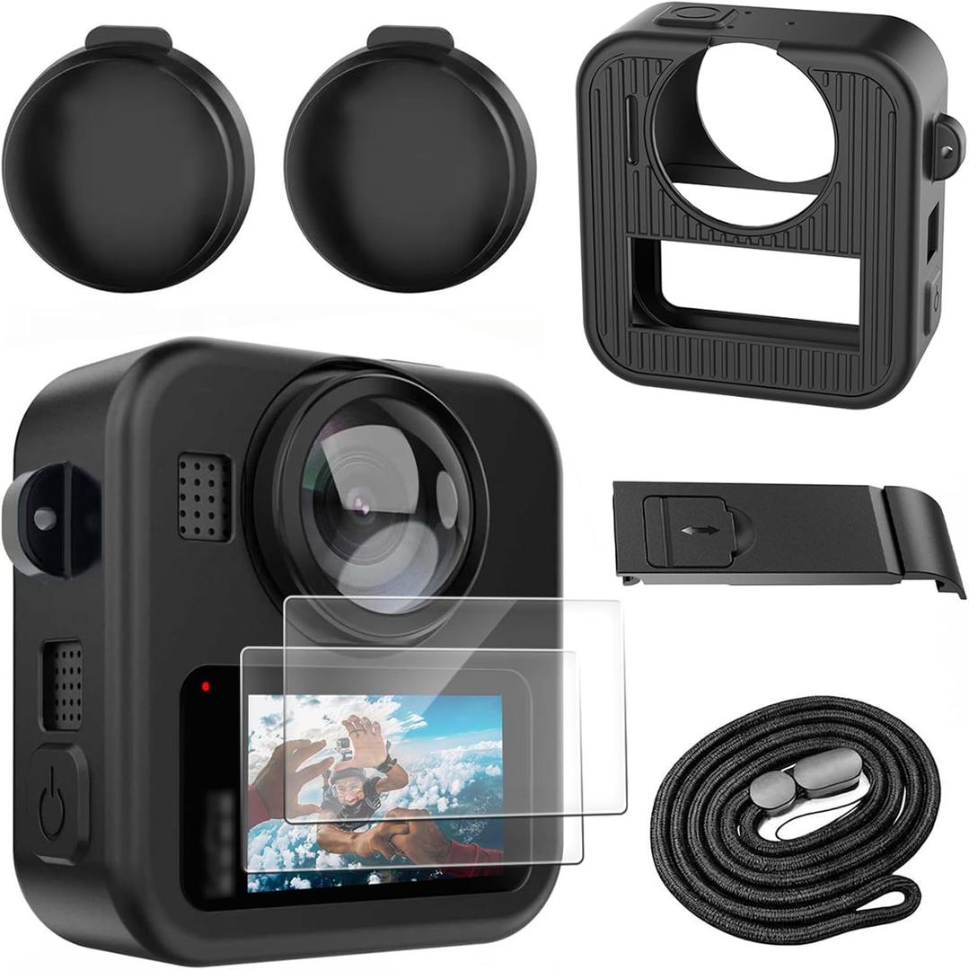 Silicone Protective Case for GoPro Max 2 with Open-Vent Design & Protective Accessories Kit - Includes 9H Tempered Glass Screen Protector, Lens Cap, Battery Cover & Adjustable Lanyard (Black)