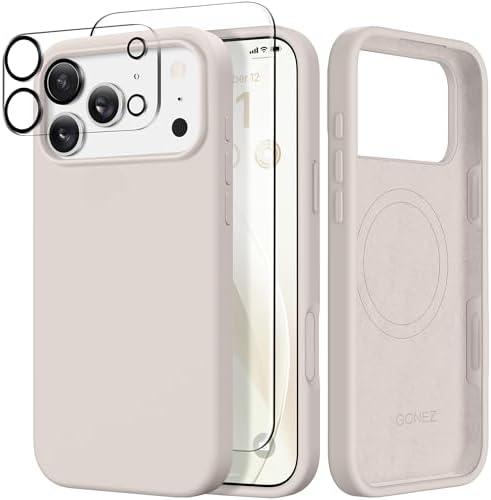 GONEZ Magnetic for iPhone 17 Pro Max Case, Compatible with MagSafe, [Screen Protector + Camera Lens Protector], Liquid Silicone Anti-Scratch Shockproof Protective Phone Case 6.9 inch, Stone