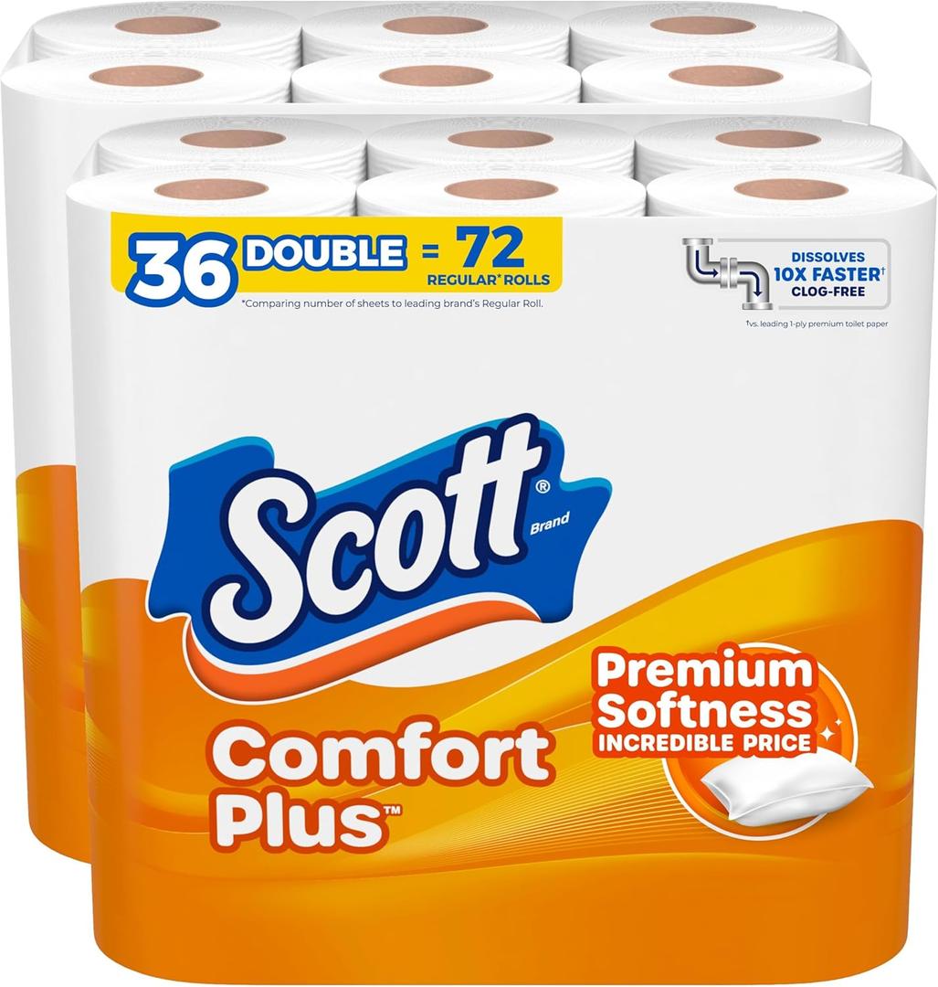 Scott ComfortPlus Toilet Paper, 36 Double Rolls, 231 Sheets Per Roll, Septic-Safe, 1-Ply Toilet Tissue