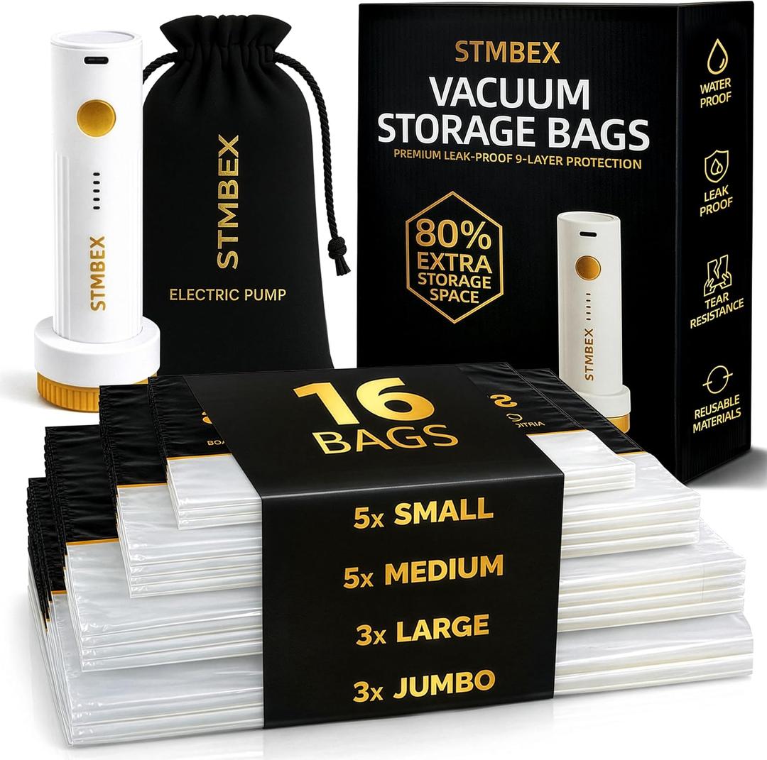 Vacuum Storage Bags with Electric Pump for Clothing & Travel (16 Pack)
