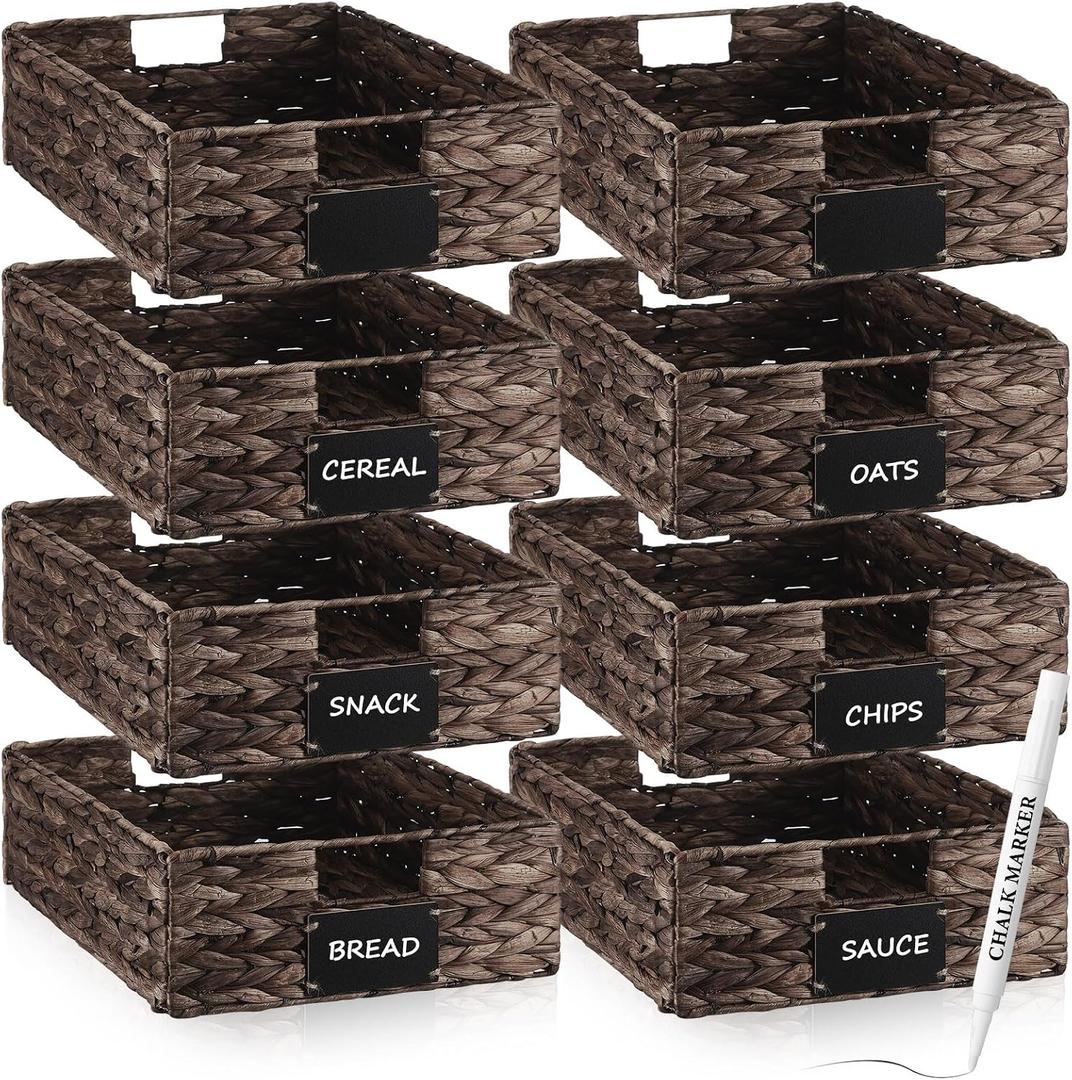 Nitial Set of 8 Wicker Storage Baskets, 16 x 12 x 5 Inch, Dark Brown
Wicker Water Hyacinth Pantry Basket, Rectangular Woven Bin for Shelves, Foldable Rattan Organizer, with Handle, Label, Marker