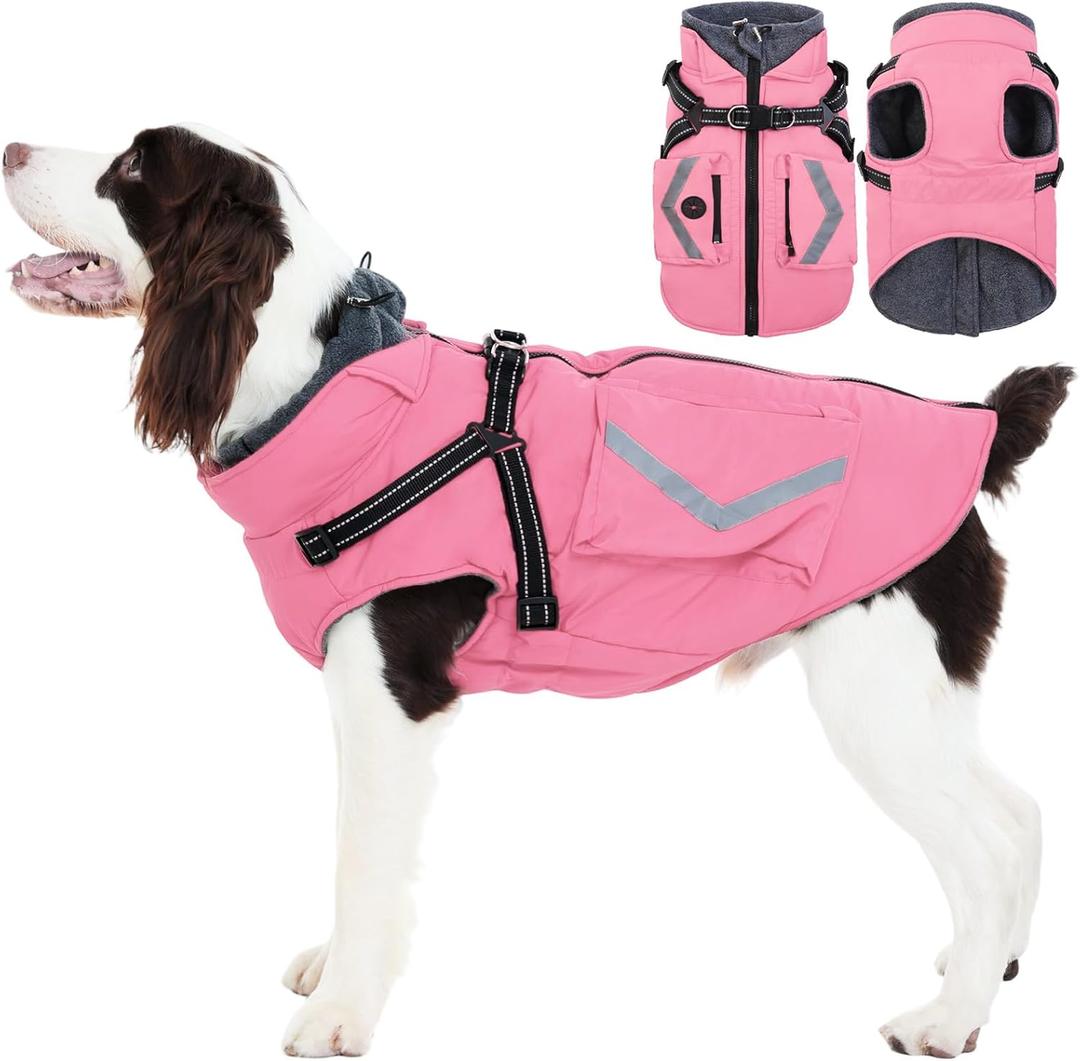 FUAMEY Dog Winter Coat with Harness, Insulated Jacket for Dogs Cold Weather Clothes, Back Zipper Doggie Cover for Snow Day, Pet Outfits with Pop Bag Pockets for Large Dogs, Staffordshire (Pink, L)