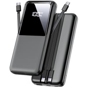 Portable Charger Power Bank - 15000mAh Fast Charging Powerbank Battery Pack with Built in USB-C(22.5W) and iOS(20W) Output Cable Compatible with iPhone Android Samsung etc (1 Pack, Black)