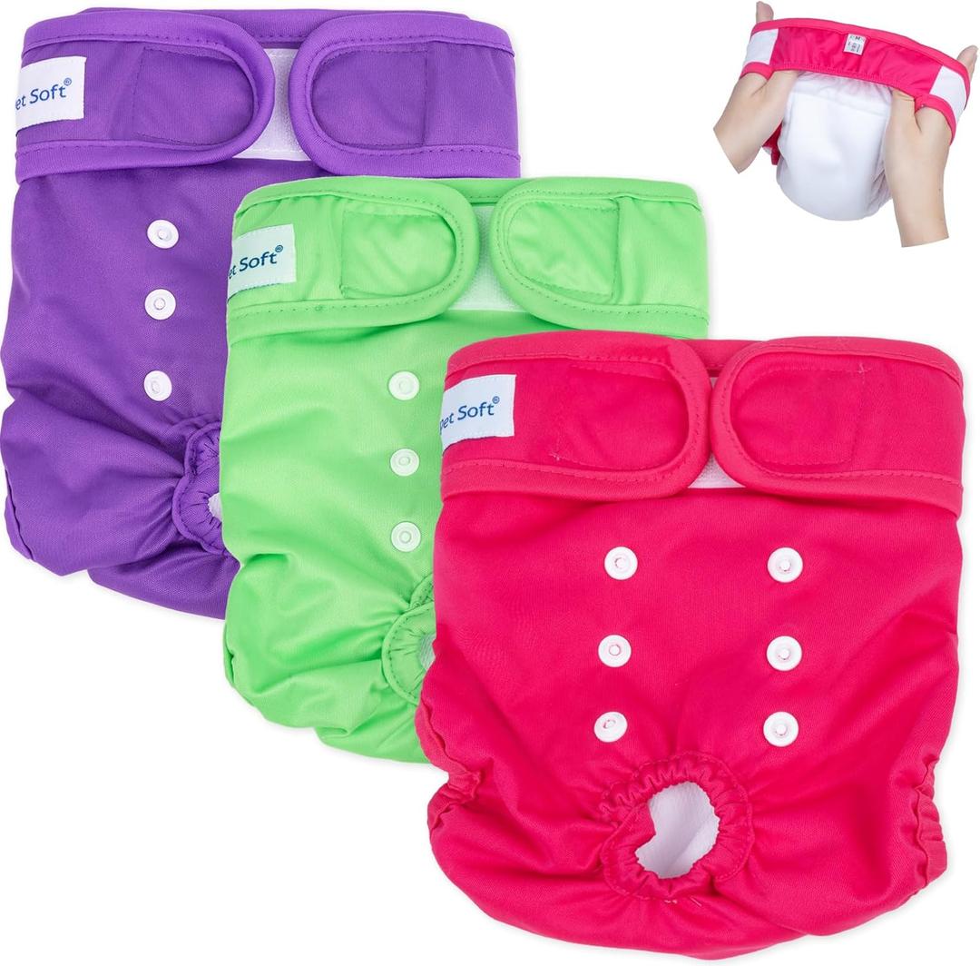 Pet Soft Washable Female Diapers (3 Pack) Female Dog Diapers, Comfort Reusable Doggy Diaper for Girl Dog in Period Heat (Classy, M)