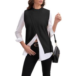 Women’s Mock Neck Sweater Vests, Sleeveless Knit Pullover Tops Casual Split Hem Shirt Trendy Going Out Outfits (Black, S)