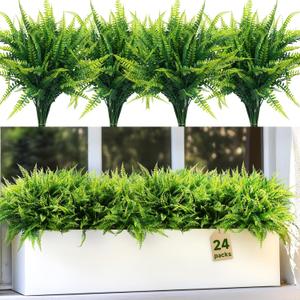 24 Bundles Artificial Plants Outdoor, Fake Boston Ferns Greenery UV-Resistant Faux Shrubs Plastic Stems for Porch Garden Patio Window Office Entrance Bathroom Planters Indoor Outside Decor