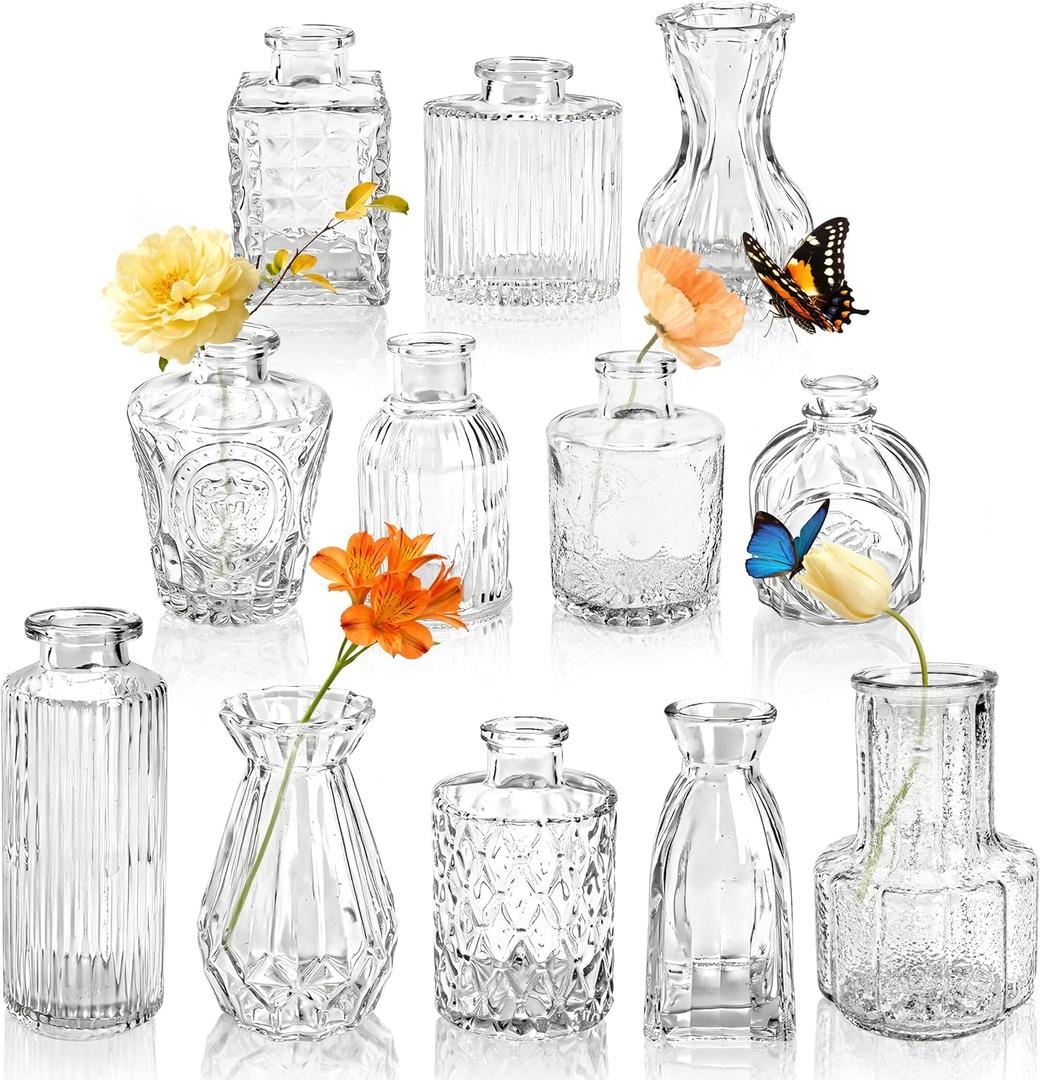 Der Rose Glass Bud Vases Set of 12, Small Bud Vases for Flowers, Rustic Wedding Centerpieces and Home Decor (Clear)