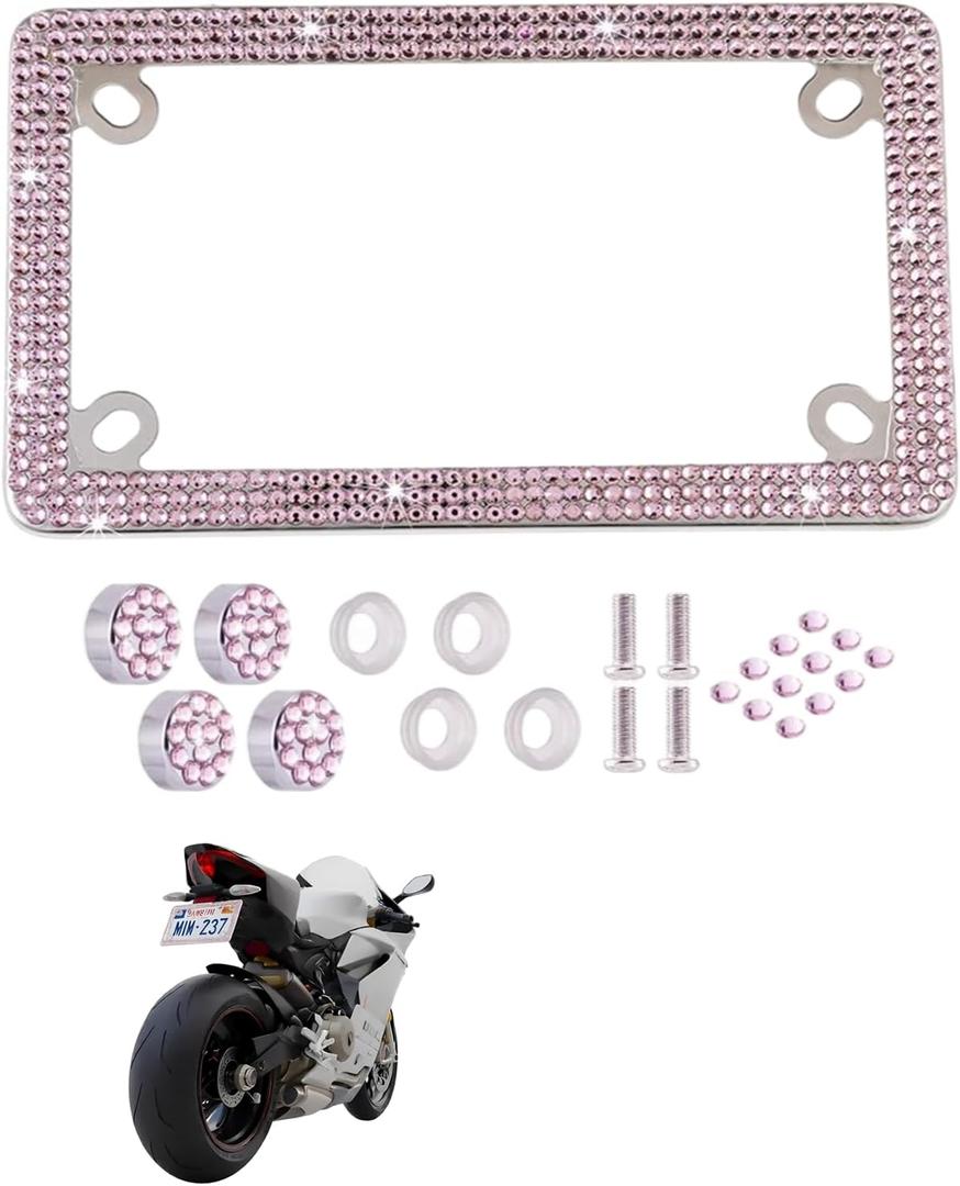 Fashion Motorcycle Premium Pink Bling License Plate Frames,Exclusive Bling Motorcycle License Plate Holder,Motorbike Rhinestone License Plate Covers(1PC)