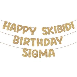 Fulmoon Pre Strung Happy Skibidi Birthday Sigma Banner Glitter Funny Zoomer Gen Z Slang Birthday Party Supplies Gen Z Slag Party Decorations Sign Gift(Champagne Gold)