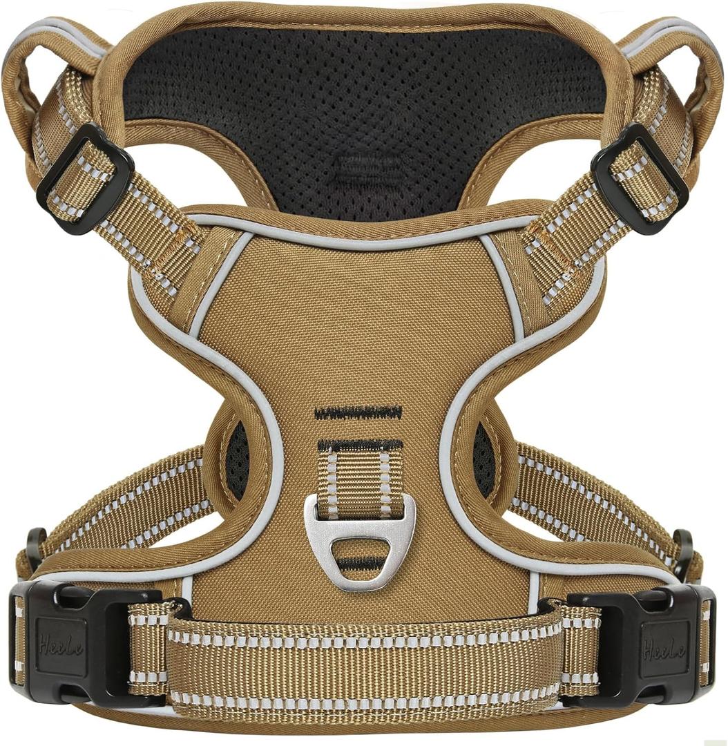 HEELE Dog Harness, Dog Harness for Small Medium Large Dogs No Pull Adjustable Padded Reflective Harness with Handle for Walking Training, Brown, L