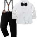 YALLET Toddler Baby Boy Clothes Suit Gentleman Outfits Formal Dress Shirt + Bowtie + Suspender Pants Wedding Party(L White-Black, 12-18 Months)