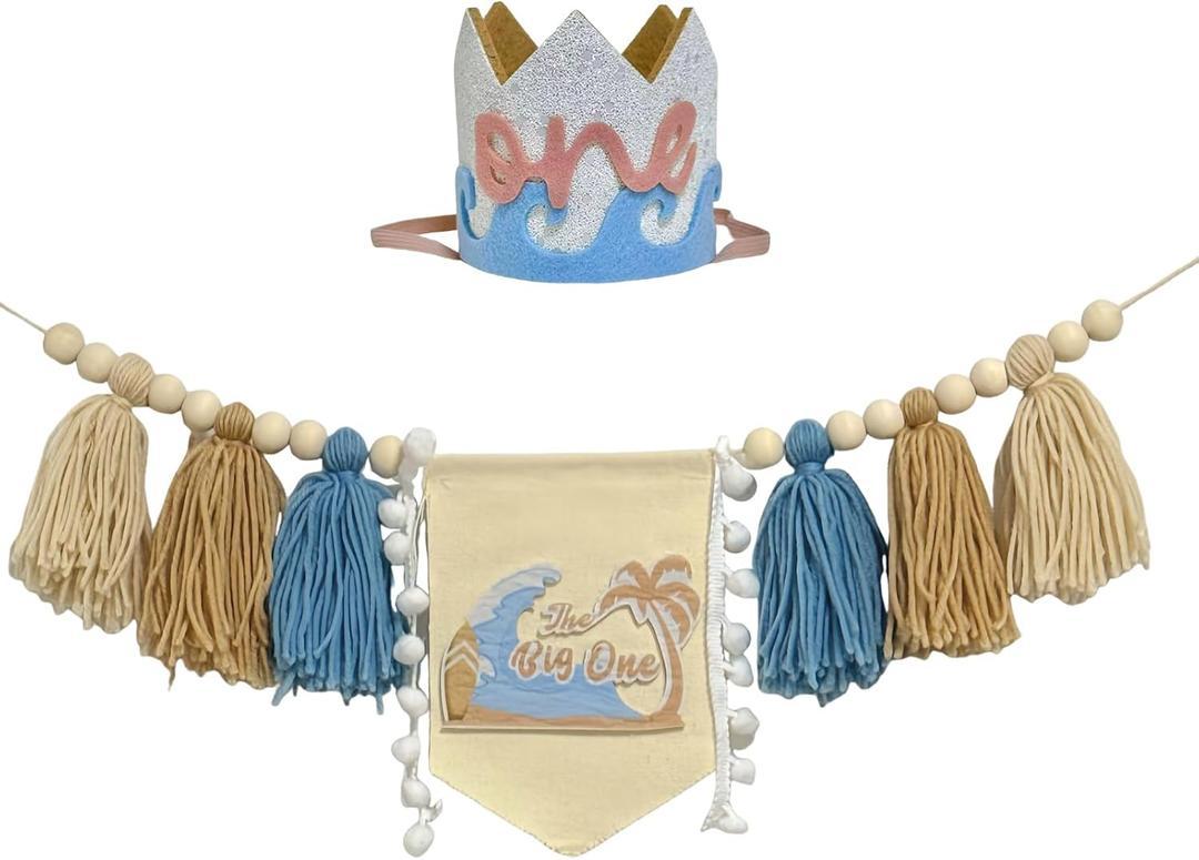 The Big One Surfing 1st Birthday High Chair Banner with Crown Hat for Surf Wave Ocean Themed Baby Boy First Birthday Party Decorations(Blue big one) The Big One Surfing 1st Birthday High Chair Banner with Crown Hat for Surf Wave Ocean Themed Baby Boy First Birthday Party Decorations(Blue big one)