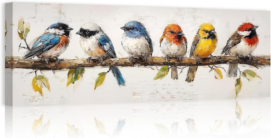 ARTZGX Bird Canvas Wall Art Colorful Birds on Branch Pictures Wall Decor Rustic Sparrow Artwork Painting for Living Room Decor Frame(Blue 8L x 24W)