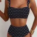 Herseas Women's 2 Piece Black Bikini Sets Modest High Waisted Adjustable Tie Shoulder Push Up Swim Suits 2026 Summer Vintage Ladies Bathing Suits Casual Resort Wear Black Polka Dots Large