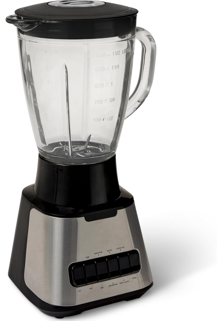 6-Cup (50 Fl. Oz) Countertop Blender, with 6 Pre-Programmed Functions, Pulse, Ice Crush, Stainless Steel Blades, Glass Jar, Up to 700W, Black & Silver