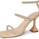 FRJR Women's Rhinestone Sandals Lace Up Slingback Square Open Toe Heels Sparkling Sandals with Stiletto Buckle Strap for Dress Party Prom Wedding High Heeled Shoes Beige 6.5, Was used