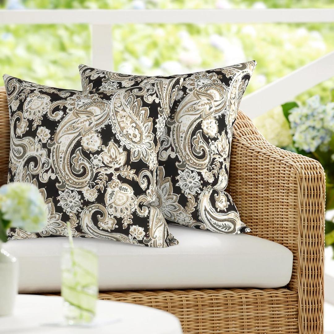 2 x DYTXIII Pack of 2 Outdoor Waterproof Pillow Covers ONLY, 18"x18" Square Decorative Double Printed Throw Pillow Cases for Patio Couch Porch Furniture, Paisley Black