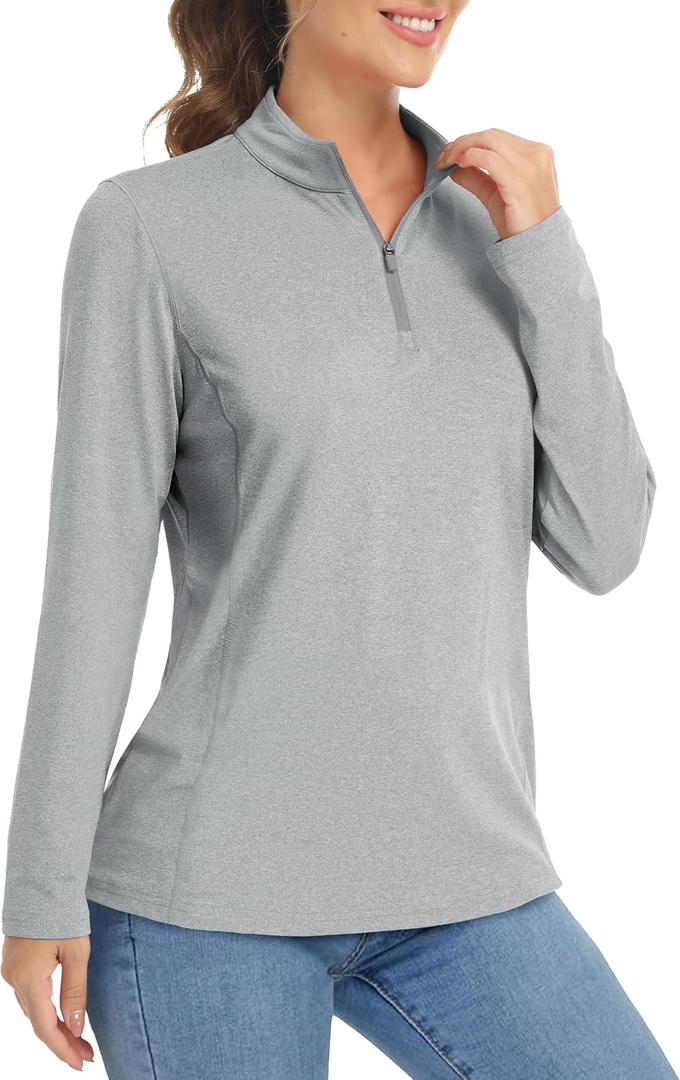 MAGCOMSEN Women's Long Sleeve Shirts 1/4 Zip Pullover UPF 50+ Sun Protection Quick Dry Hiking Athletic Workout Tops (Gray, S)