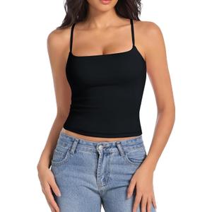 Camisole Tops for Women Sleeveless Adjustable Spaghetti Strap Tank Tops Y2K Basic Shirts (Small, Black)