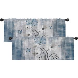 Emvency 2 Pack Valances Window Treatments, Farmhouse Blue Daisy Flowers Butterfly Blackout Drapes Adjustable Curtain for Windows Living Room Kitchen Over Sink, 52x18 Inch Rod Pocket Valances