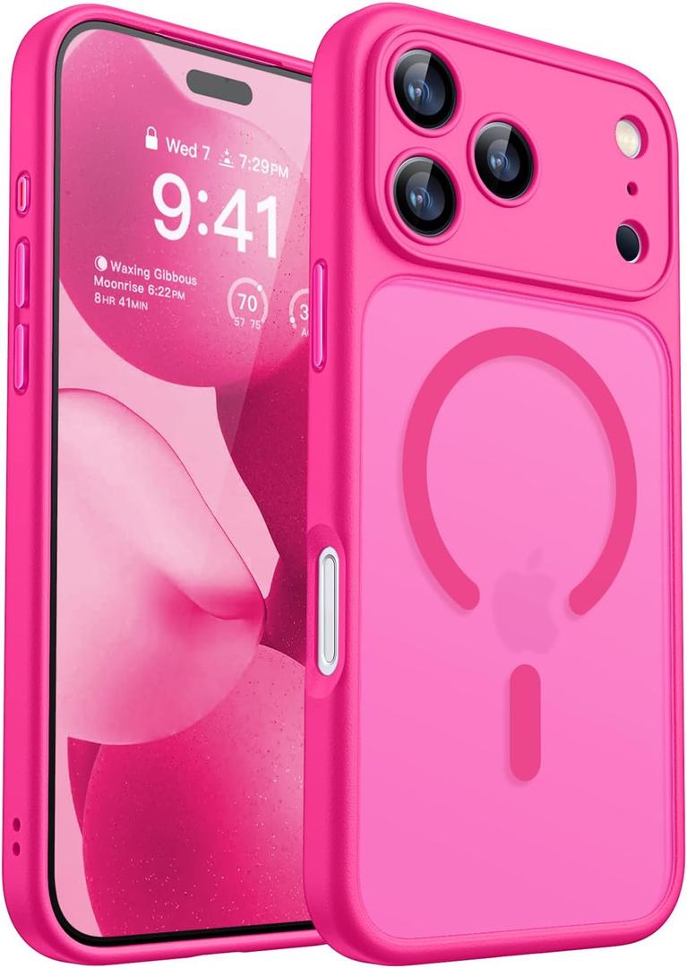 Cufelf Magnetic for iPhone 17 Pro Case(Compatible with Magsafe) Full Camera Protection,2+Full Coverage Screen Protector,Translucent Matte,Military Drop Protection Phone Case,6.3",Hot Pink