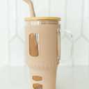 Glass Tumbler with Silicone Sleeve and Bamboo Lid, 32 oz, with Straw (Beige)