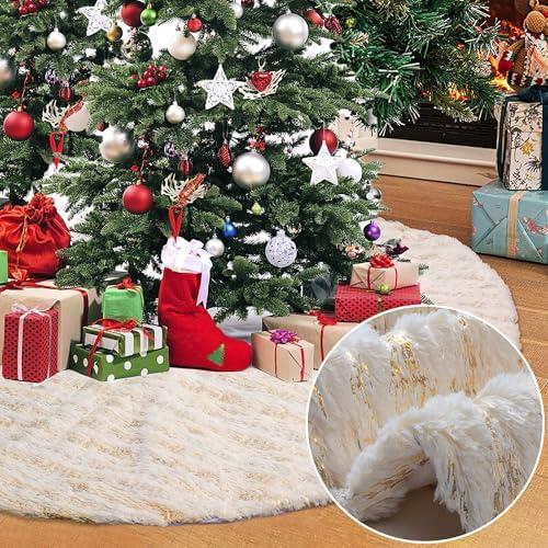 Voyoly Christmas Tree Skirt 72 inch, Bronzing Gold and White Christmas Tree Decorations Indoor Sequin Tree Collar Faux Fur Plush Rug Xmas Large Mat Decor Ornaments for 7.5ft-13ft Tree