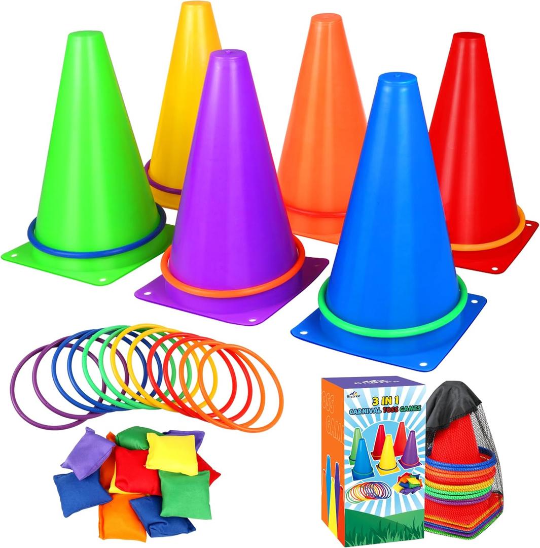31 PCS Christmas Carnival Games, 3 in 1 Indoor Outdoor Bean Bag Ring Toss Games for Kids Birthday Party, Plastic Soft Cones Yard Lawn Game for Family Party Kid's Gift (9")