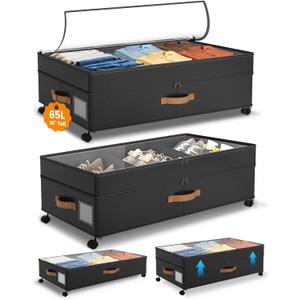 Under Bed Storage with Wheels, 10 inches Under Bed Storage Containers, 65L XXL Large Adjustable Underbed with Lids, Rolling Underbed Storage bins for Shoes, Clothes, Blankets, Black