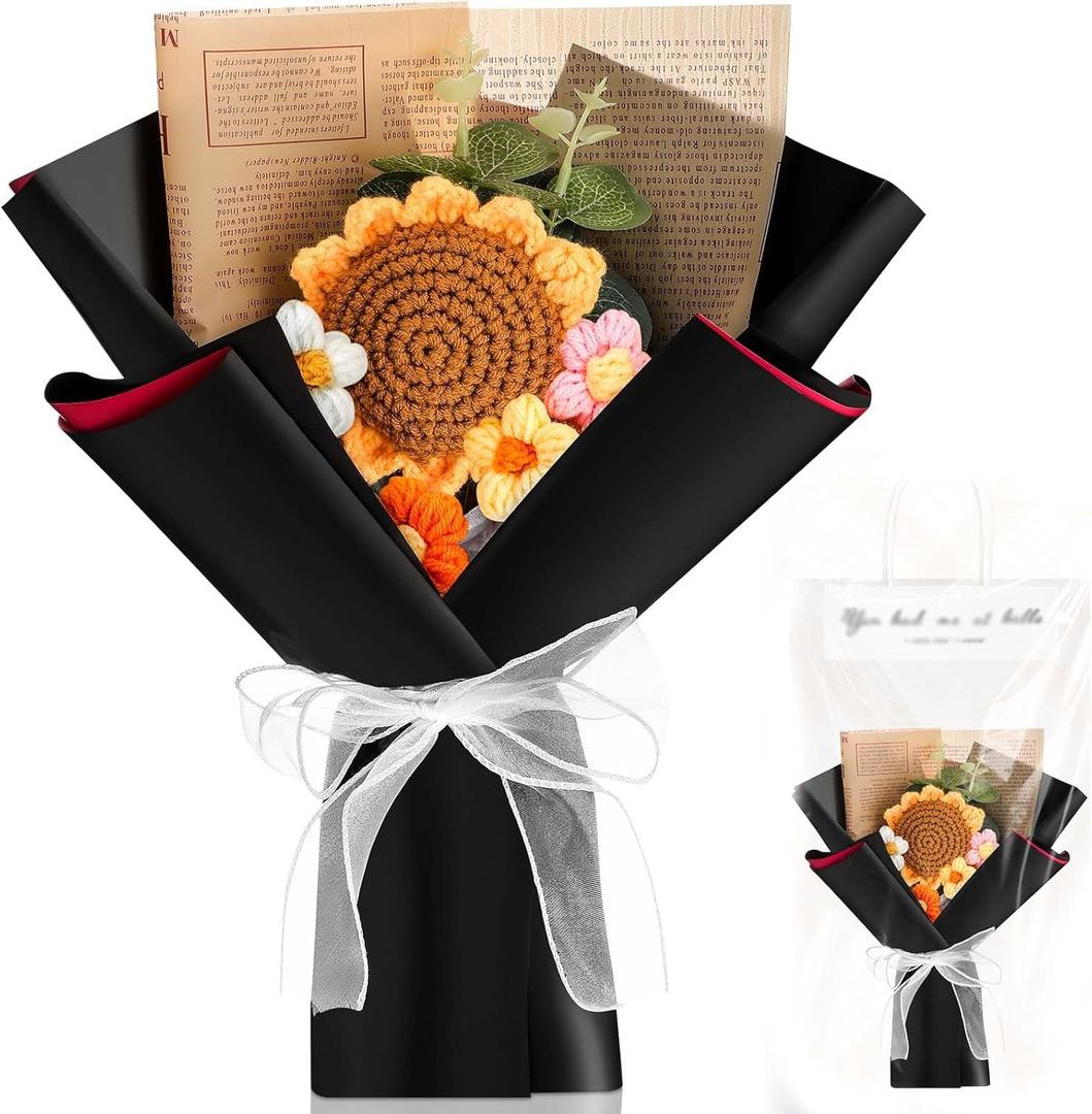 Crochet Flower Bouquet Handmade Sunflower Knitted Bouquet Artificial Knitted Flowers with Wrap for Graduation Wedding Anniversary Birthday Home Decor Gift(Black)