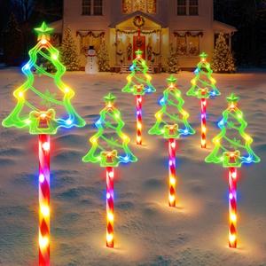 Christmas Solar Pathway Lights Outdoor Decorations,10 Modes 78 LED Outdoor Christmas Tree Solar Candy Stake Lights, Waterproof Colorful Xmas Decorations for Patio Yard Walkway Lawn Decor 6 Pack
