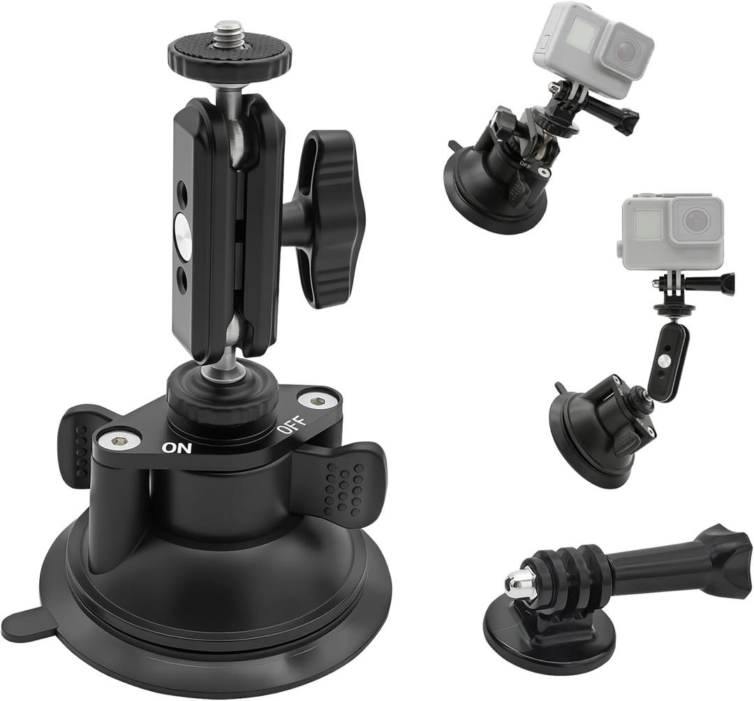 Double Layer Suction Cup Mount with Double Ball Head Magic Arm, 1/4" Screw 360 Rotating Camera Mount Compatible with GoPro Hero, Insta360 X3, DJI Osmo, Action Camera, Phones for Car Windshield