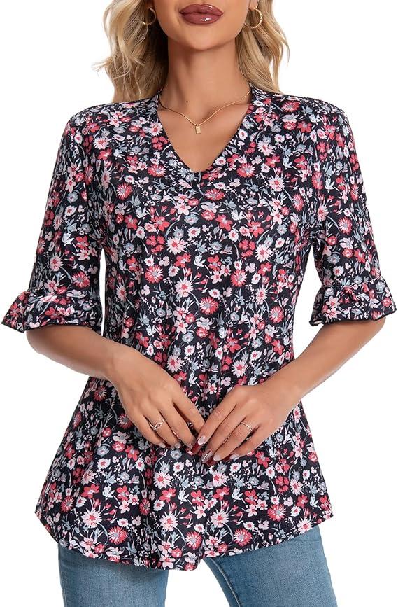 3/4 Length Sleeve Women's Tops Summer V-Neck Blouses, XXL