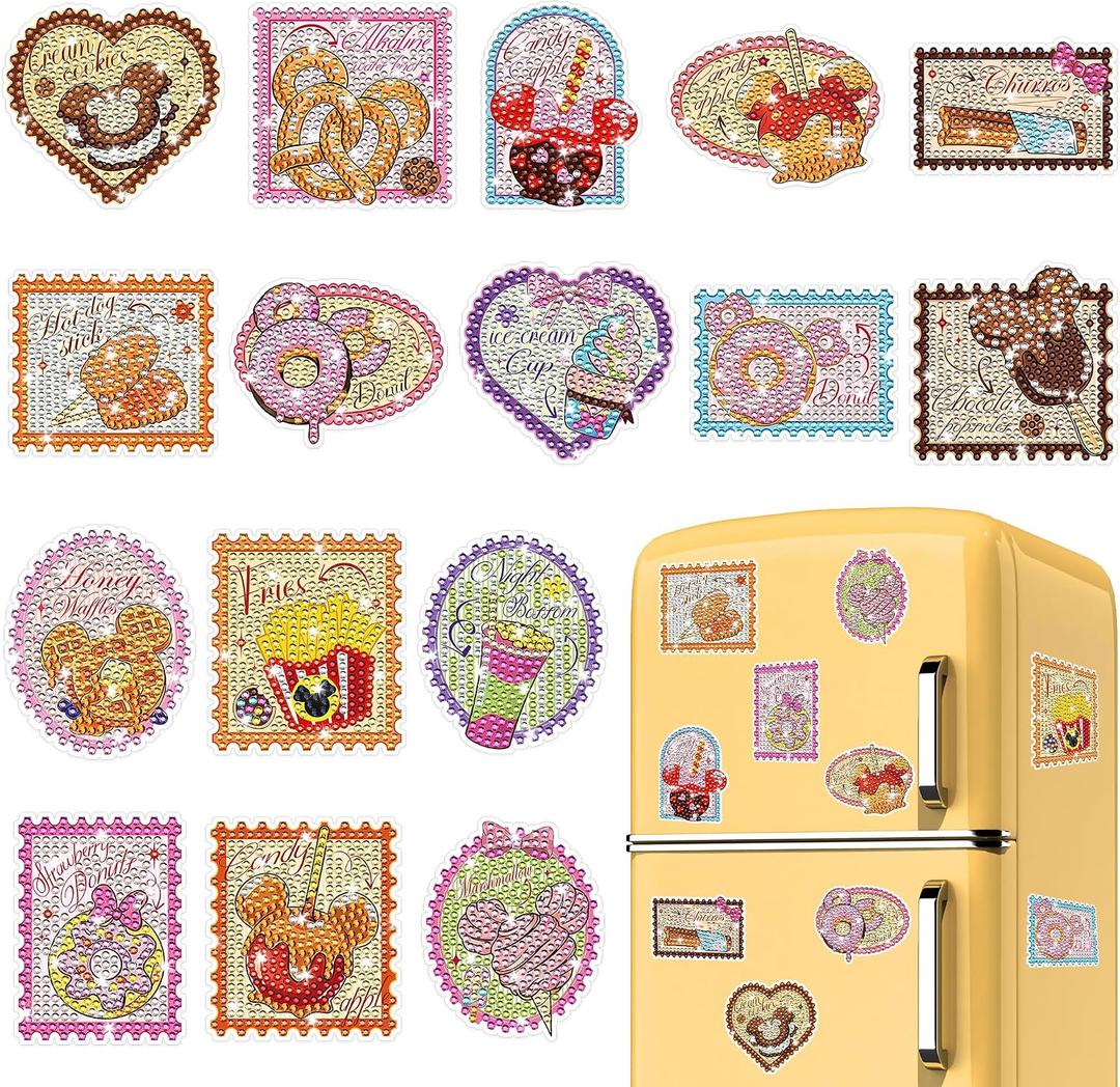 16 Pcs Mouse Diamond Painting Magnets, Sweet Snacks Diamond Art Magnet Kits for Refrigerator, Fridge Magnetic DIY Gem Art Crafts for Holiday Kitchen Decor