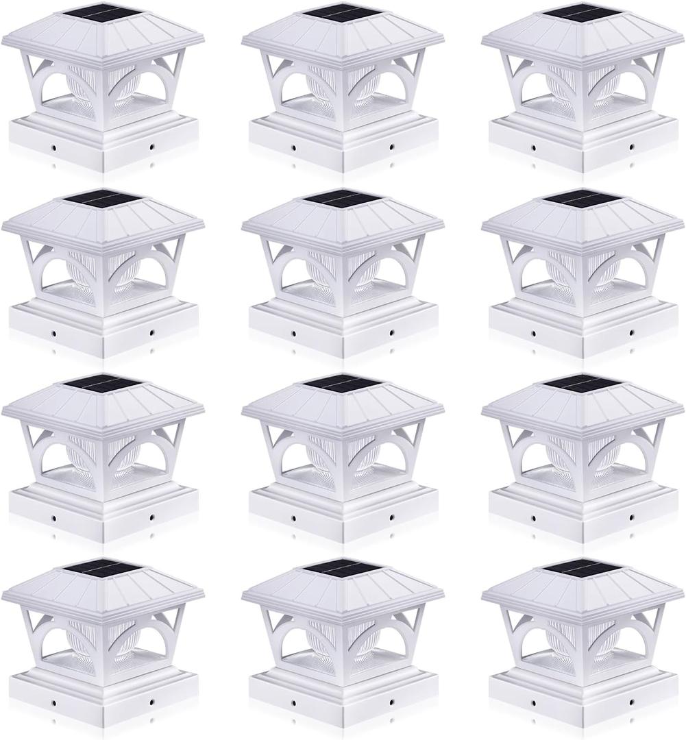 Solar Post Cap Lights, 9 Colors to Choose, 20 Lumens, Warm White & RGB Automatic Cycling & Fixed RGB Color 3 Modes for 3.6x3.6 4x4 4.5x4.5 5x5 Wooden/Vinyl Posts Decoration, White 12 Pack