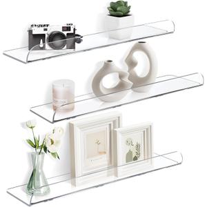 15 Inch Acrylic Floating Shelves for Wall Decor, 3 Pack Clear Acrylic Shelves for Bedroom Kitchen Office Nursery, Durable Stylish Wall Mounted Vinyl Record Holder, Magazine Rack, Picture ledge