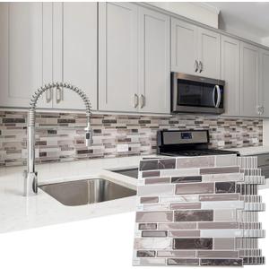 Art3d Peel and Stick Backsplash Tiles for Kitchen, 10-Sheet Self Adhesive Removable Stick On Vinyl Wall Tiles, 12" x 12",Brown Marble