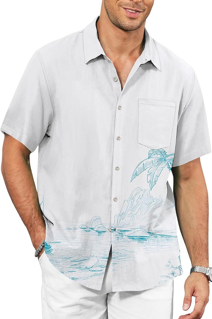 KYKU Men's Hawaiian Shirt Short Sleeve - Tropical Summer Beach Button Down Shirt with Pocket (White, XL)