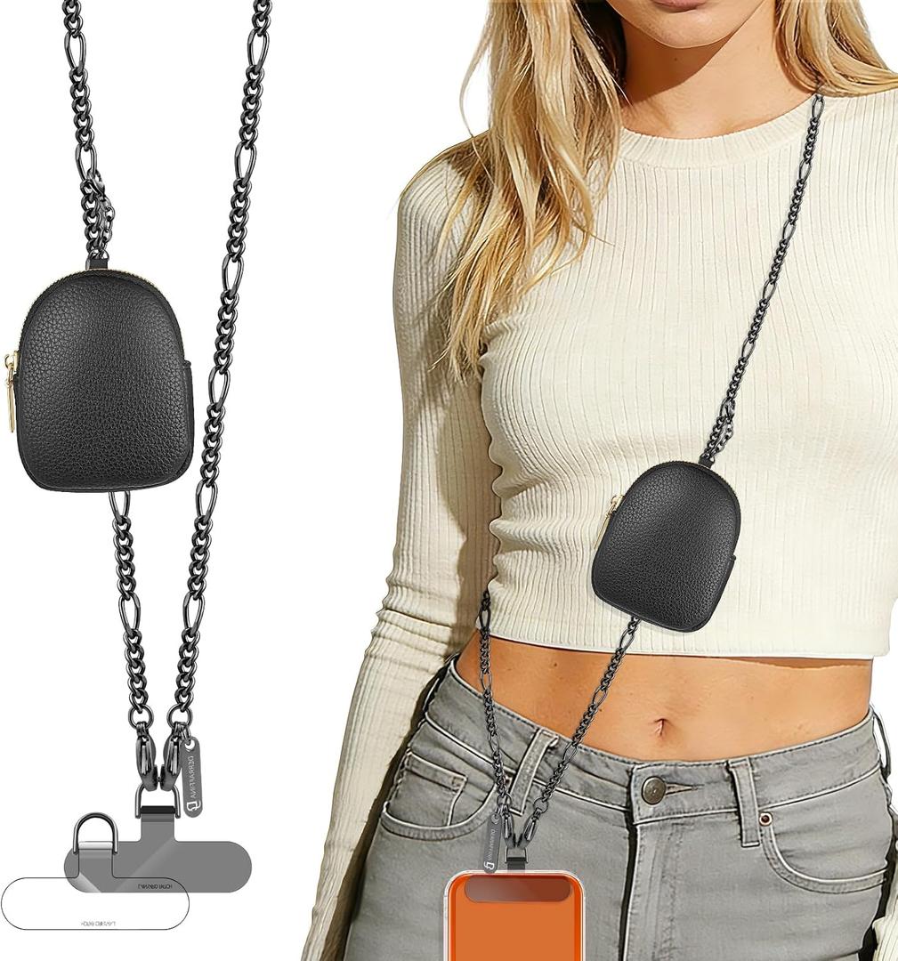 Phone Crossbody Strap With Wallet 47.24in Phone Chain Clip And Go strap With zippered pouch 1x clasp 2x Clear Tether Tabs For Shopping Travelling(Black)