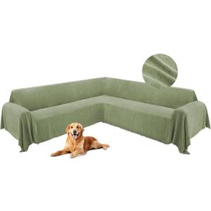 HDCAXKJ Corner Sectional Couch Covers for Dogs L Shape Sofa Cover with Tassel Chenille Super Soft Non Slip U Shaped Couch Cover Blanket Washable Sofa Slipcovers Protector (Sage Green, 91x252 inch)