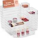 SMARTAKE 29-Piece Drawer Organizer with Non-Slip Silicone Pads, 4-Size Desk Drawer Organizer Trays Storage Tray for Makeup, Jewelries, Utensils in Bedroom Dresser, Office and Kitchen (Clear) (X Large)
