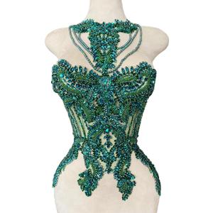 Handmade Crystal on lace Applique Sewing Rhinestones Fringe Beads Sequins Patches Trim Luxury Decoration Accessories for Wedding Dress 15X23.6inches (Deep green)
