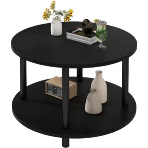 23.6" Round Coffee Table, 2-Tier Small Circle Coffee Table with Storage, Modern Center Accent Table with Metal Frame, Side Table End Table for Small Space, Living Room, Office, Black