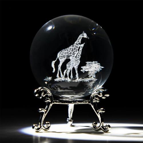 HDCRYSTALGIFTS 60mm 3D Laser Engraved Mom and Baby Giraffes Crystal Ball Paperweight Art Glass Animals Figurine Collectibles Glass Decorative Full Sphere with Stand Giraffe Gifts