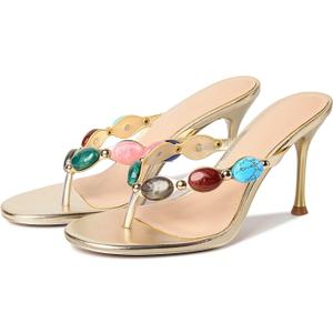DREAMSTORY Womens Jeweled Heeled Sandals Beaded Flip Flop Summer Thong Heel | Colorful Gemstones Embellished, Strappy Beach Kitten Heels, Open Toe Slip on Mules, Casual Vacation High Heels (Gold, 9.5)