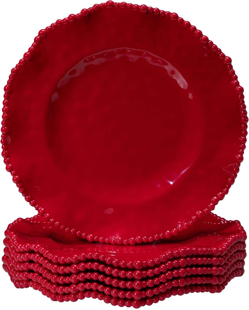 Christmas Red 11 Inch Holiday Melamine Dinner Plates,Set of 6, Beaded design Kitchen Plates, Shatterproof Serving Plate for Holiday Meals,Party,Festive Tableware for Indoor & Outdoor Use