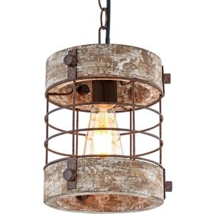 Retro Industrial Metal and Wood Chandelier 1-Light Round Cage Pendant Light Fixture for Kitchen Island Foyer Hallway Bar Dining Room Restaurant, D 7.8" x H 8.58" (White Brown)