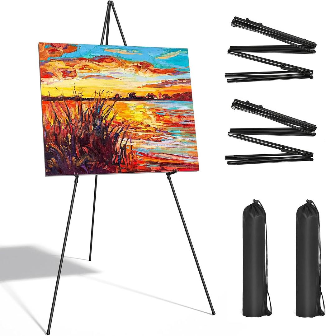 SunyesYoon Display Black Easel Stands - 63" Artist Instant Tripod Collapsible Portable Floor Easels - Adjustable Art Poster Easy Folding Metal Stand for Display Show, Wedding, Painting - 2pack