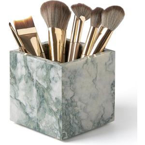 3.93 Inch Square Marble Toothbrush Holder & Makeup Brush Organizer - Natural Stone Pencil Holder for Desk, Bathroom Countertop Storage | Marble Bathroom Accessories in Modern Cyan Green ﻿ ﻿
